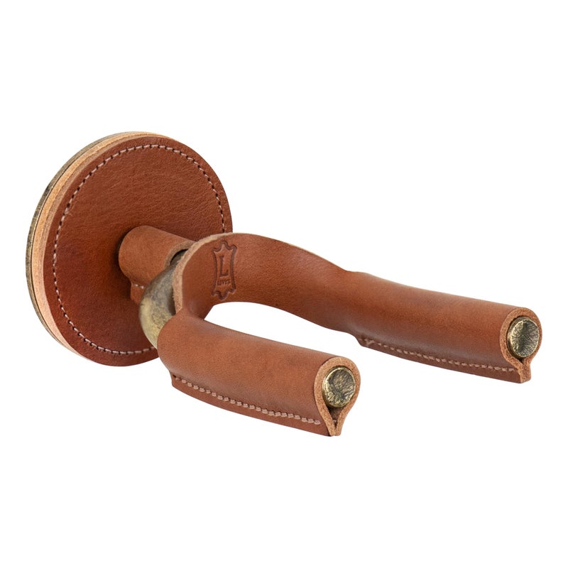 Levys Leathers Forged Steel Guitar Hanger Brass Metal with Tan VegTan Leather Yoke Wraps LVYFGHNGRBRTN