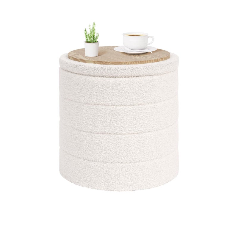 PINPLUS Round Storage Ottoman Foot Rest Stool with Tray Velvet Sherpa Folding Storage Ottoman,Boucle Foot Rest for Living Room, Bedroom, Dorm,White Color - Image 1