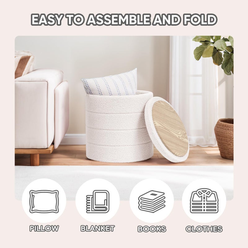 PINPLUS Round Storage Ottoman Foot Rest Stool with Tray Velvet Sherpa Folding Storage Ottoman,Boucle Foot Rest for Living Room, Bedroom, Dorm,White Color - Image 3