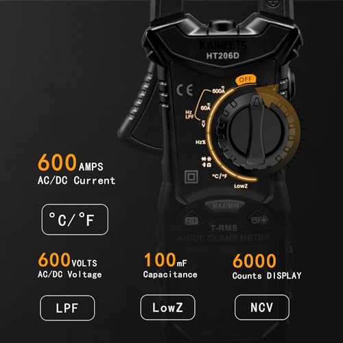 KAIWEETS HT206D Digital Clamp Meter T-RMS 6000 Counts, Multimeter Voltage Tester Auto-ranging, Measures Current Voltage Temperature Capacitance Resistance Diodes Continuity Duty-Cycle (AC/DC Current) - Image 2