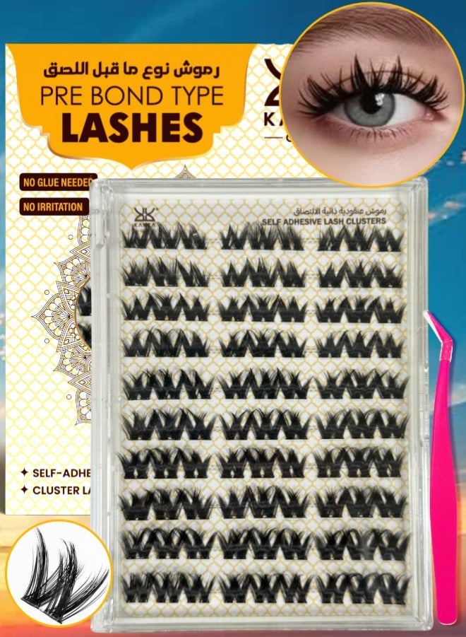 Kanza Pre Bond Type Lashes Kit with Tweezers Self Adhesive Eyelashes Eyelash Clusters Kit, False Eyelashes Pre Glued Spiky Lash Clusters Spike Lashes No Glue Needed Lash Clusters for Beginners and Salon use Press On DIY Lash Extension Eye Makeup Kit Falselashes 10-16mm Size 90 Pcs - Image 1