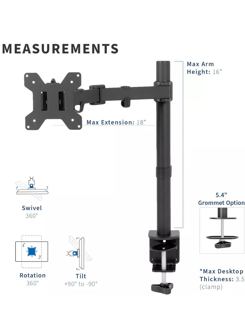 Generic Single Monitor Desk Mount Stand with Double Center Arm Joint, Holds up to 10Kg with VESA 75x75mm or 100x100mm  - Image 2