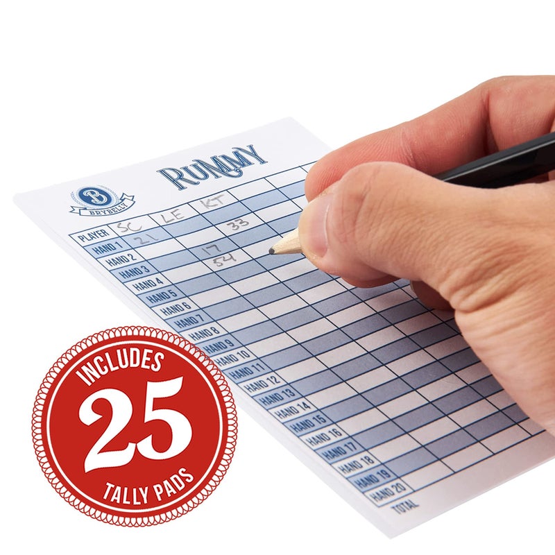Brybelly Rummy Card Game Kit - Classic Family Melding Game for 2-6 Players - Two Plastic-Coated Poker-Size, Standard Index Decks of 54 Cards + 25 Tear-Away Score Pads + Full Instructions for Gin Rummy - Image 4