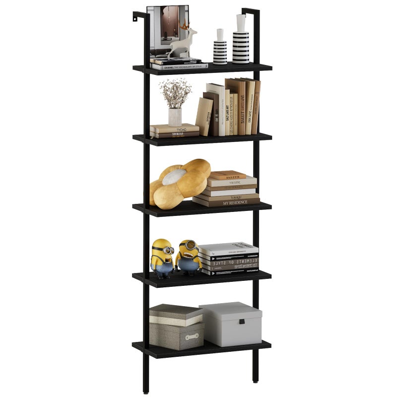 aboxoo Ladder Shelf Open 5-Tier Bookshelf Wall-Mounted Black Wood Bookcase Storage Rack Open Industrial Modern Plant Stand Utility Organizer Bookcase Metal Frame Furniture Office Bedroom - Image 1