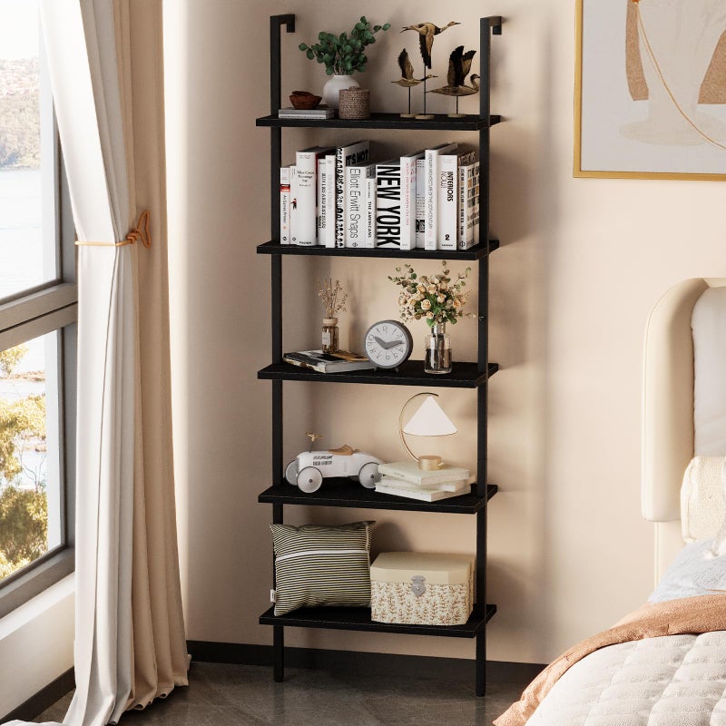 aboxoo Ladder Shelf Open 5-Tier Bookshelf Wall-Mounted Black Wood Bookcase Storage Rack Open Industrial Modern Plant Stand Utility Organizer Bookcase Metal Frame Furniture Office Bedroom - Image 2