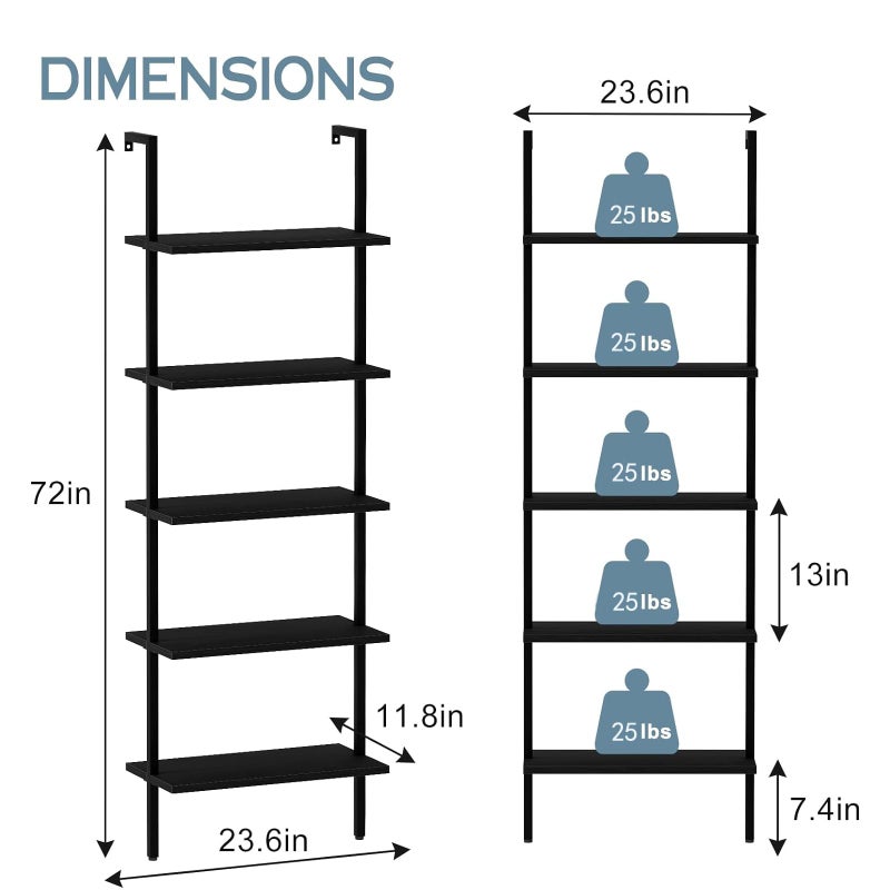 aboxoo Ladder Shelf Open 5-Tier Bookshelf Wall-Mounted Black Wood Bookcase Storage Rack Open Industrial Modern Plant Stand Utility Organizer Bookcase Metal Frame Furniture Office Bedroom - Image 3