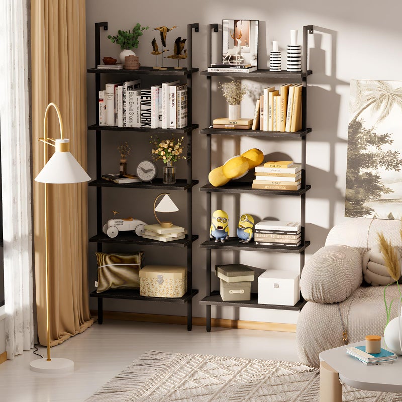 aboxoo Ladder Shelf Open 5-Tier Bookshelf Wall-Mounted Black Wood Bookcase Storage Rack Open Industrial Modern Plant Stand Utility Organizer Bookcase Metal Frame Furniture Office Bedroom - Image 5