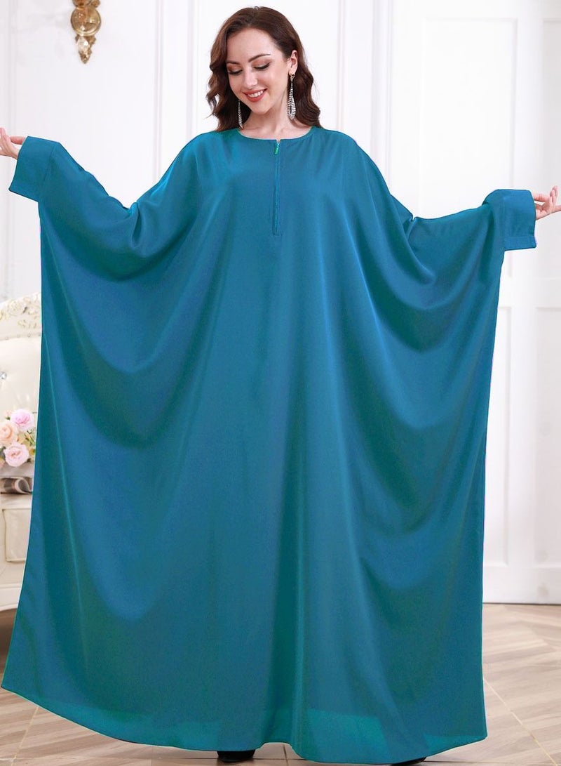 إسكدنيا Women's Casual Solid Color Long Sleeves Abaya Full Length Batwing Sleeves Dress Liturgical Clothes Muslim Peacock Blue 