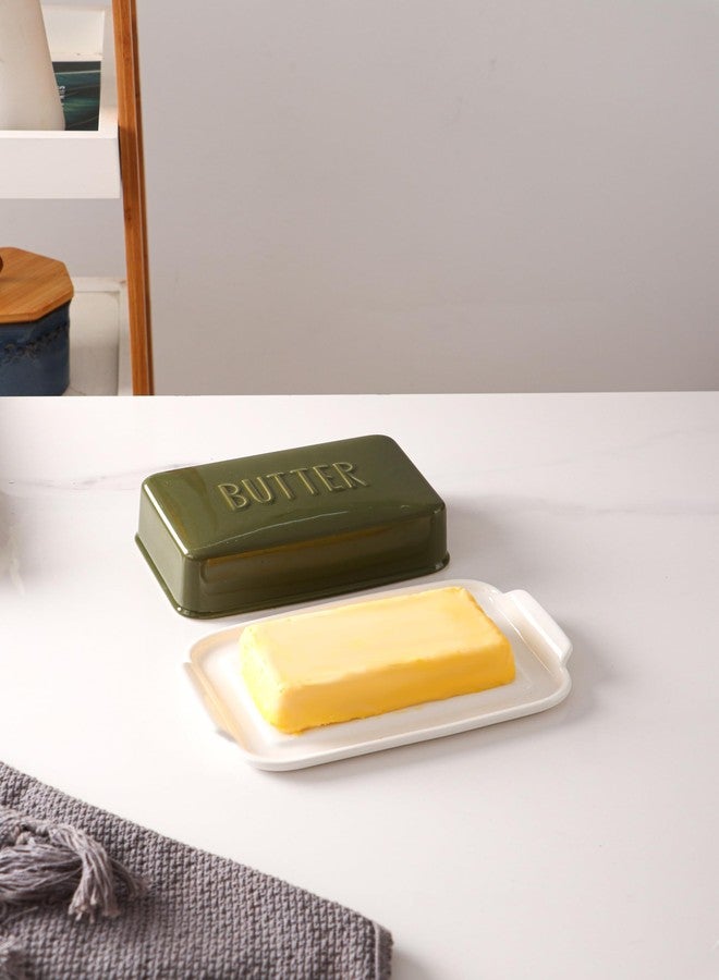 oskas Porcelain Covered Butter Dish with Lid for Countertop Butter Holder Container for One Stick of Butter. Textured Tray Butter Keeper for Non Slip Storage-GREEN SMALL - Image 5