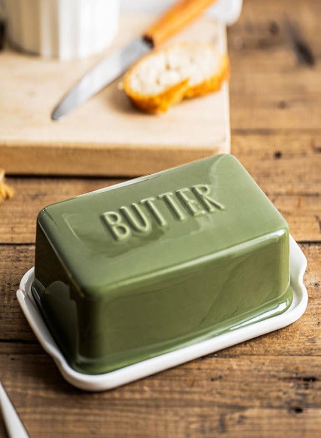 oskas Porcelain Covered Butter Dish with Lid for Countertop Butter Holder Container for One Stick of Butter. Textured Tray Butter Keeper for Non Slip Storage-GREEN SMALL - Image 1