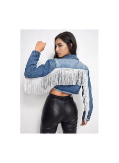 Loquat Squality Leisure Tassels Denim Short Jacket Women Dark Blue  - Image 2