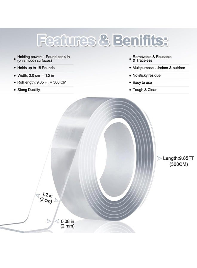 Nano Double Sided Tape Heavy Duty, 9.85FT Multipurpose Strong Mounting Tape, Extra Large Nano Double Sided Adhesive Mounting Tape,Clear  Tough Sticky Poster Wall Tape,Multipurpose Tape Picture Hangi - Image 2