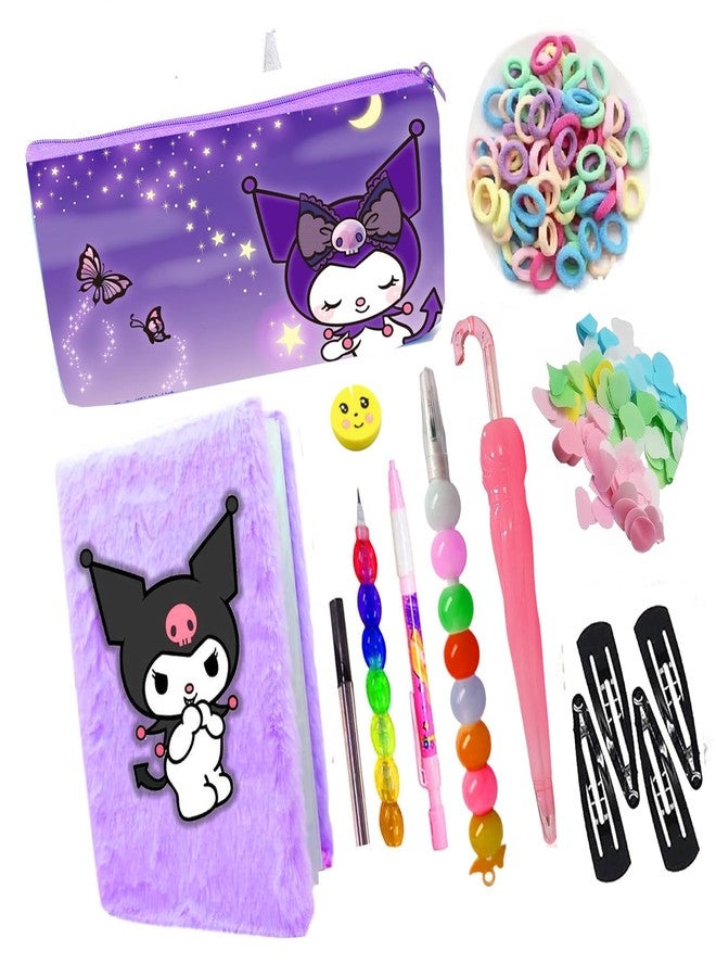 Krisus 10pcs Kuromi Stationery Kit for Girls Purple Kuromi School Stationeries Combo for Girls Diary-Pencil Pouch, Pencils, Pens, Paper Soap, Clip, Rubber Bands & Eraser Birthday Return Gift for Girls