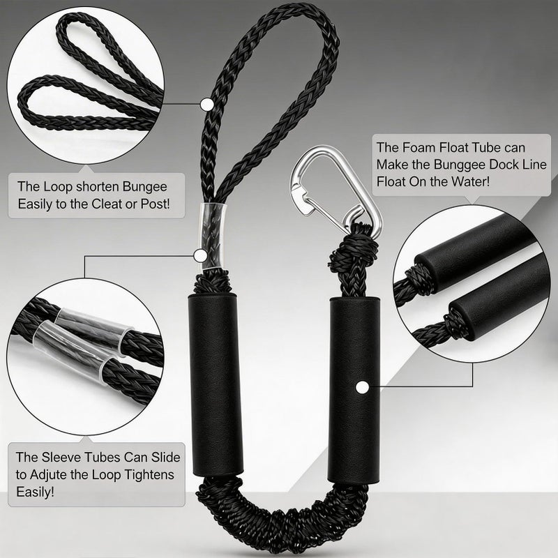 Manifish 2 PK Black Bungee Dock Lines for Boats 2FT with 316 Stainless Clip Boat Accessories Marine Grade Boat Rope Boating Accessories Boat Dock Lines Jet Ski or PWC Mooring Boat Lines & Dock Ties - Image 3