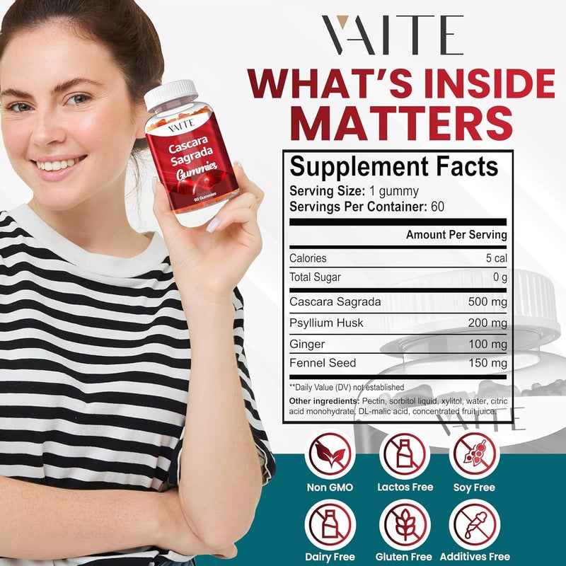 VAITE جومي كاسكارا ساغرادا مزيج الألياف مع قشر السيليوم والزنجبيل وبذور الشمر دعم لطيف للأمعاء راحة الأمعاء دعم عشبي نباتي للجميع يشجع على الراحة الهضمية 60 قطعة مضغ - Image 3