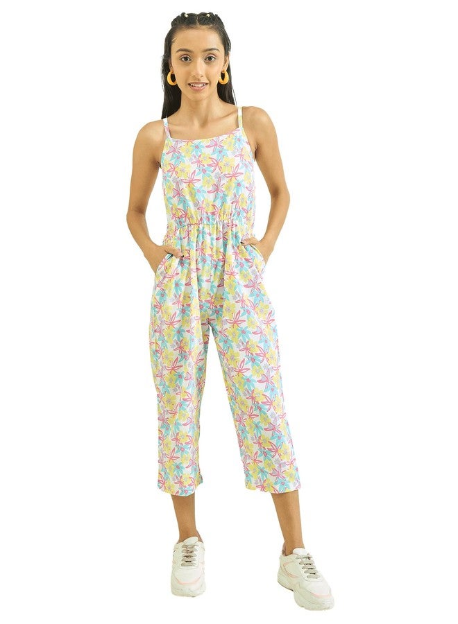 luyk Girls One Piece Dress | jumpsuits for Girls stylish |Multi Colour Printed Jumpsuit Waist Tie-Ups | Printed pattern | Floral Shoulder Straps-neckline | jumpsuits casual Wear. - Image 1