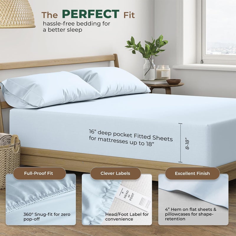 THREAD SPREAD 100% Organic Cotton Sheets Queen Size - 4 PC Organic Cotton Queen Size Percale Weave Sheet Set, Soft, Cooling, Crisp & Breathable, 16" Deep Pocket Hotel Quality Bedding Set - Light Blue - Image 4