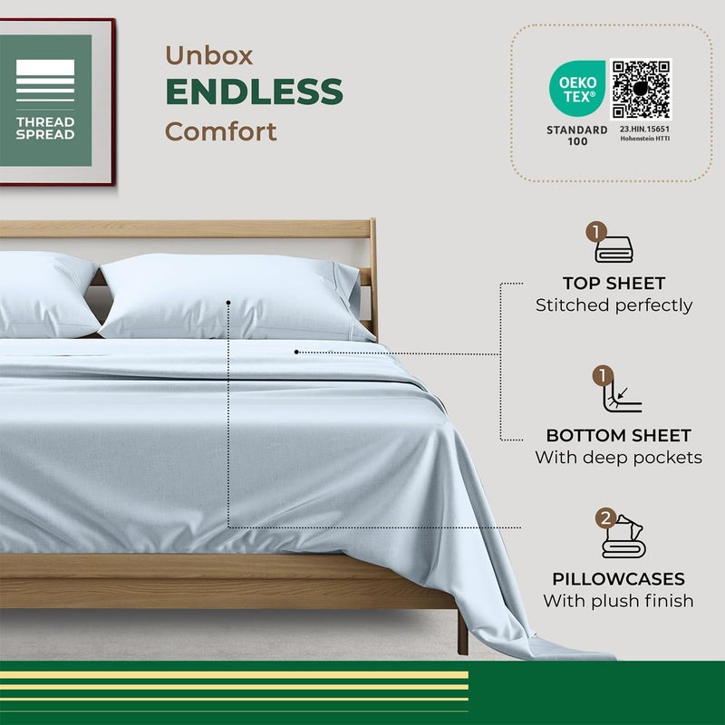THREAD SPREAD 100% Organic Cotton Sheets Queen Size - 4 PC Organic Cotton Queen Size Percale Weave Sheet Set, Soft, Cooling, Crisp & Breathable, 16" Deep Pocket Hotel Quality Bedding Set - Light Blue - Image 3