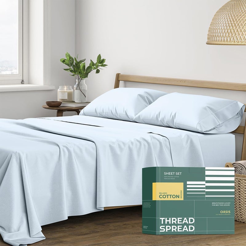 THREAD SPREAD 100% Organic Cotton Sheets Queen Size - 4 PC Organic Cotton Queen Size Percale Weave Sheet Set, Soft, Cooling, Crisp & Breathable, 16" Deep Pocket Hotel Quality Bedding Set - Light Blue - Image 1