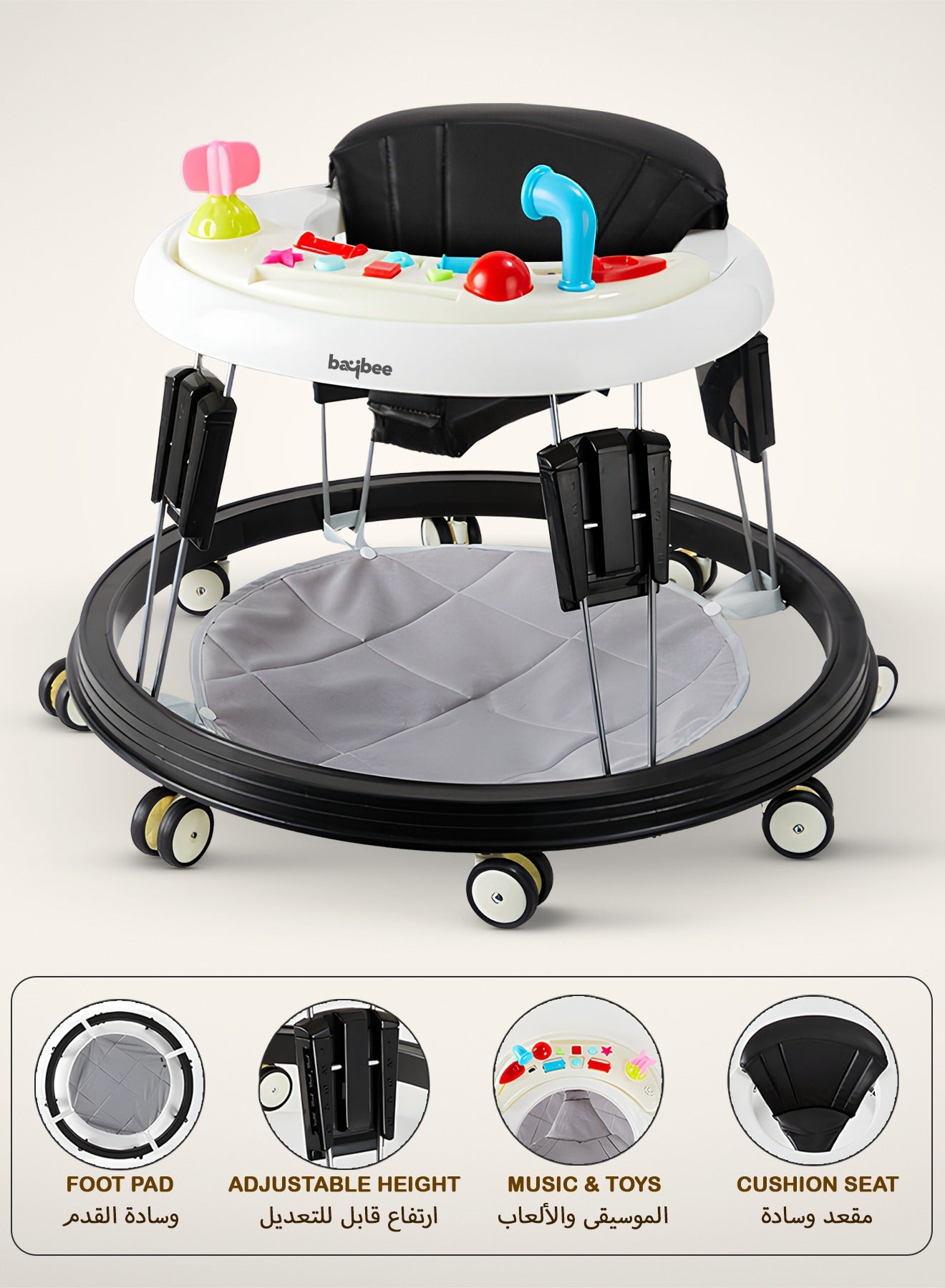Indy Pro Round Baby Walker for Kids with 5 Height Adjustable, Music & Food Tray | Foldable Kids Walker with Pu Leather Seat Cover & Footmat | Toddler Walker for Baby 6 to 18 Months Boys Girls Black