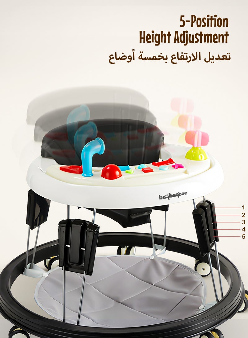 بيبي عربة مشي للأطفال إندي برو راوند مع 5 مستويات ارتفاع قابلة للتعديل، موسيقى وصينية طعام | عربة مشي قابلة للطي للأطفال مع غطاء مقعد من جلد PU وحصيرة قدم | عربة مشي للأطفال من عمر 6 إلى 18 شهرًا للأولاد والبنات – لون أسود - Image 3