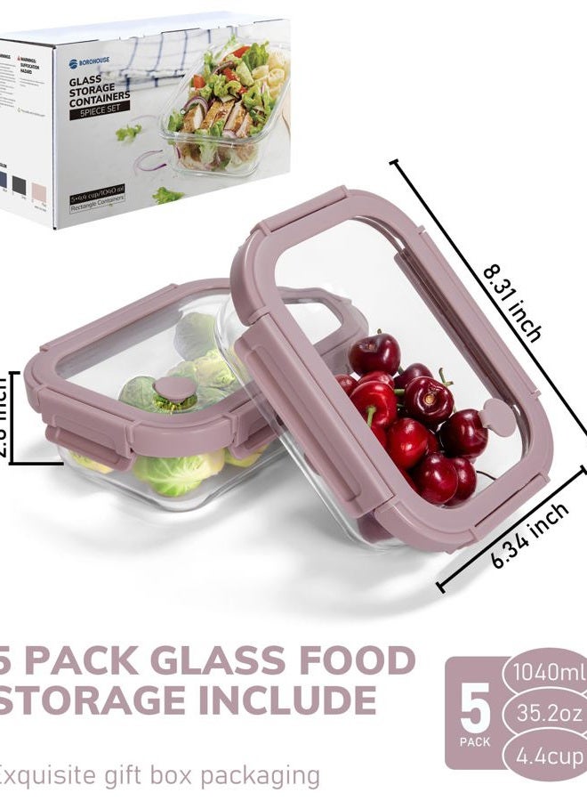 BOROHOUSE 5-Pack Borosilicate Glass Containers with Tempered Lids, 35.2oz/4.4 Cup Airtight Meal Prep Set, Microwave/Freezer Safe (Pink) - Image 2