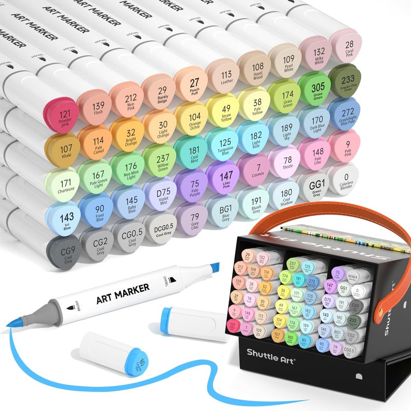 Shuttle Art Pastel Alcohol Markers Brush tip Dual Tip Brush Chisel Tip Art Marker Set 50 Colors plus 1 Blender Marker Pens with Case Perfect for Illustration Students Adults Coloring Sketching