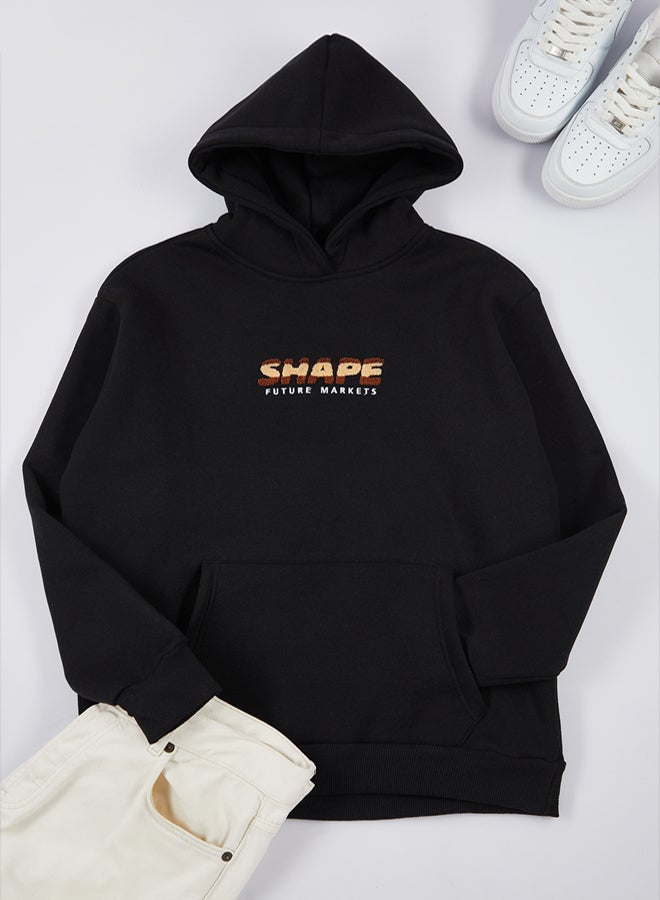 trendyol Black Oversize/Wide Cut Text Printed Hooded Fleece Sweatshirt TMNAW25SW00100 - Image 5