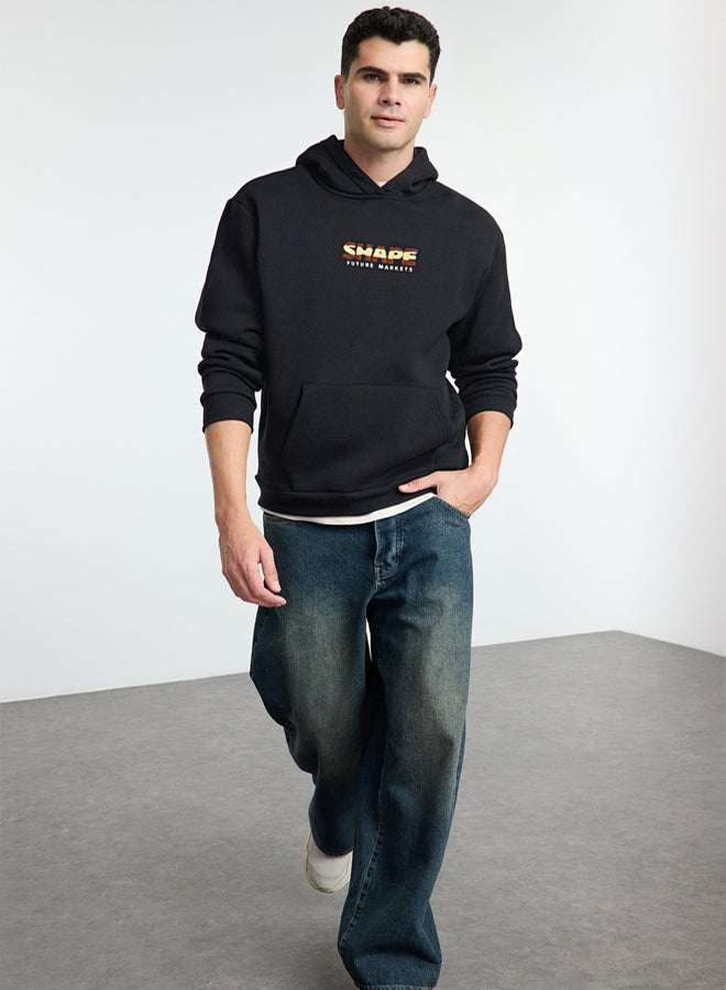 trendyol Black Oversize/Wide Cut Text Printed Hooded Fleece Sweatshirt TMNAW25SW00100 - Image 2