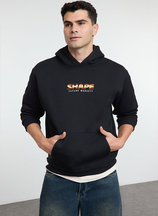 trendyol Black Oversize/Wide Cut Text Printed Hooded Fleece Sweatshirt TMNAW25SW00100 - Image 1