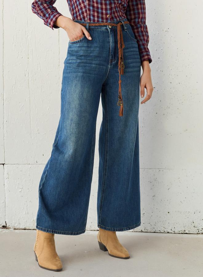 Lee Cooper Wide Leg Mid-Rise Jeans with Braided Belt - Image 1