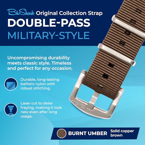 BluShark - Original Collection Military-Style Waterproof Watch Strap, Fits All Timepiece Brands, Durable Nylon Wristwatch Accessories with Stainless Steel Buckle, Burnt Umber, 18mm - Image 2