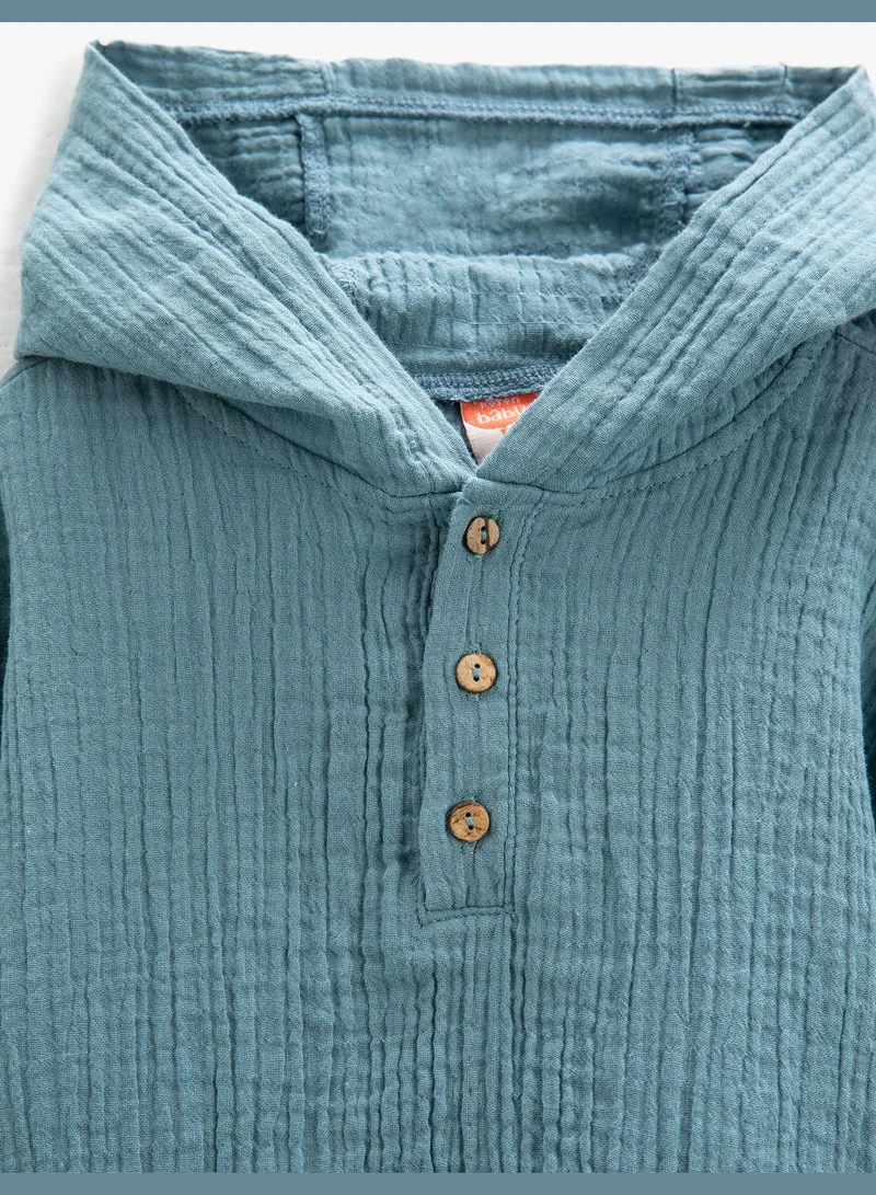 KOTON Muslin Sweatshirt Hooded Long Sleeve Button and Pocket Detail