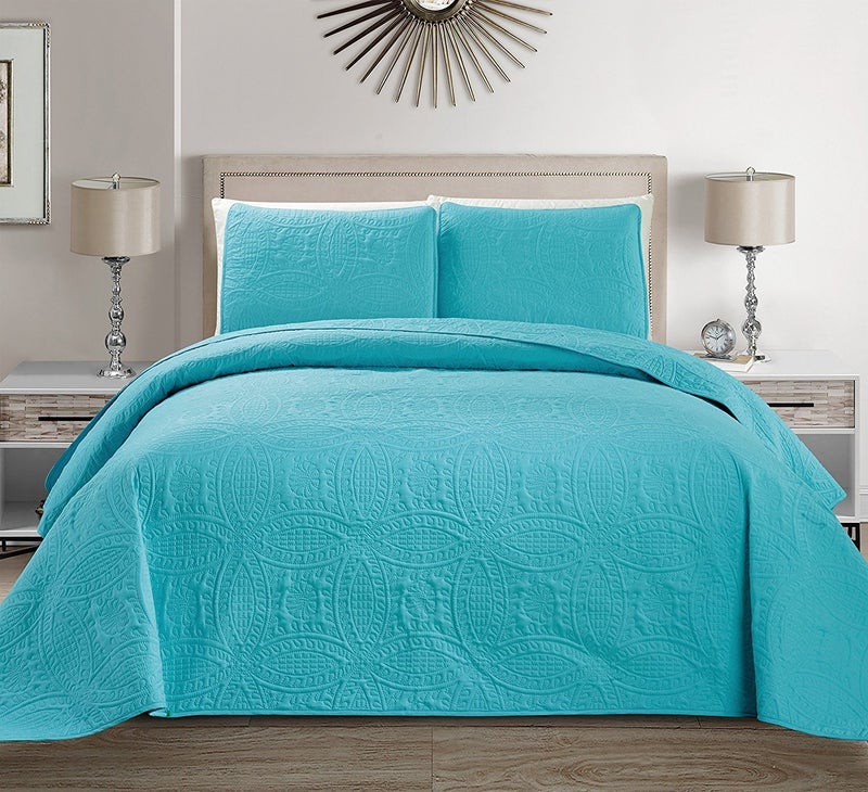 Linen Plus Collection 3 Pieces KingCalifornia King Over Size Embossed Coverlet Bedspread Set Solid Turquoise Blue 118 x 106 New