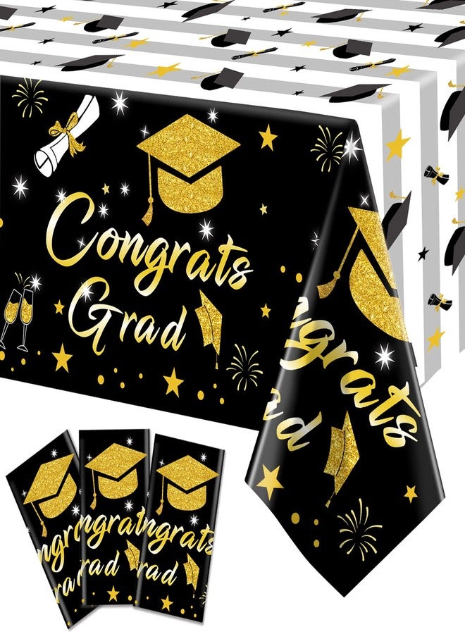 CESOF Graduation Tablecloth Party Decorations 2026, 3 Pack Thick Black and Gold 54"x108" Congrats Grad Disposable Table Covers Plastic Cloth Tablecover for College High School Class of 2026 Party Supplies - Image 1