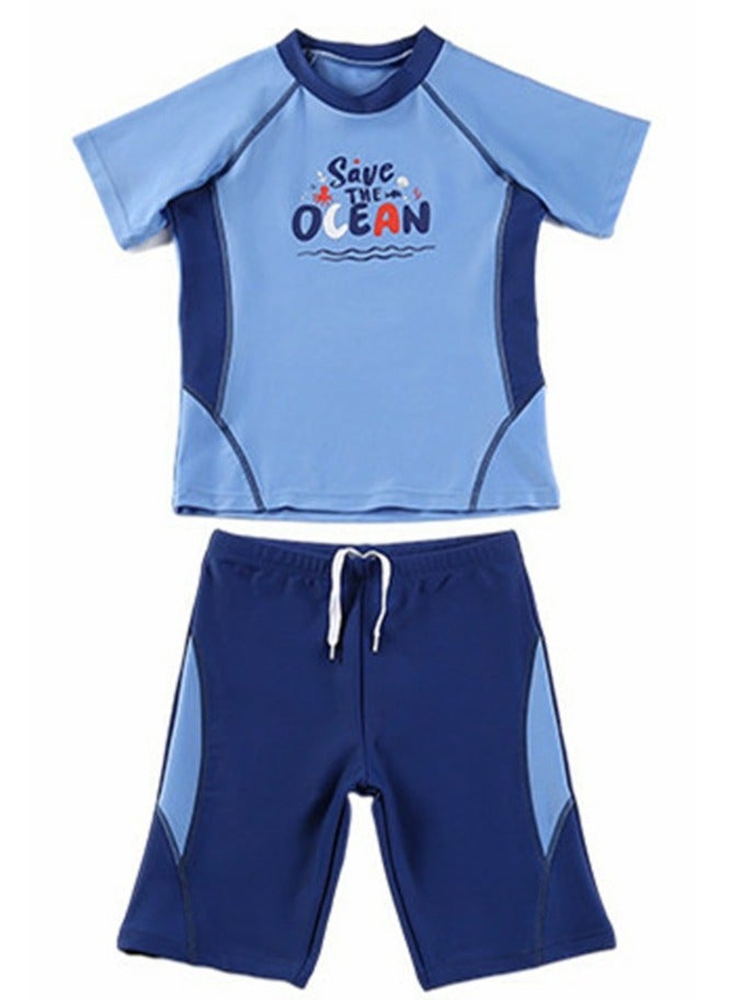 Loquat Boys Split Swimsuits Set Short Sleeve Swim Shirts ,Swim Trunks 2 Piece Swim Set Sky Blue - Image 1