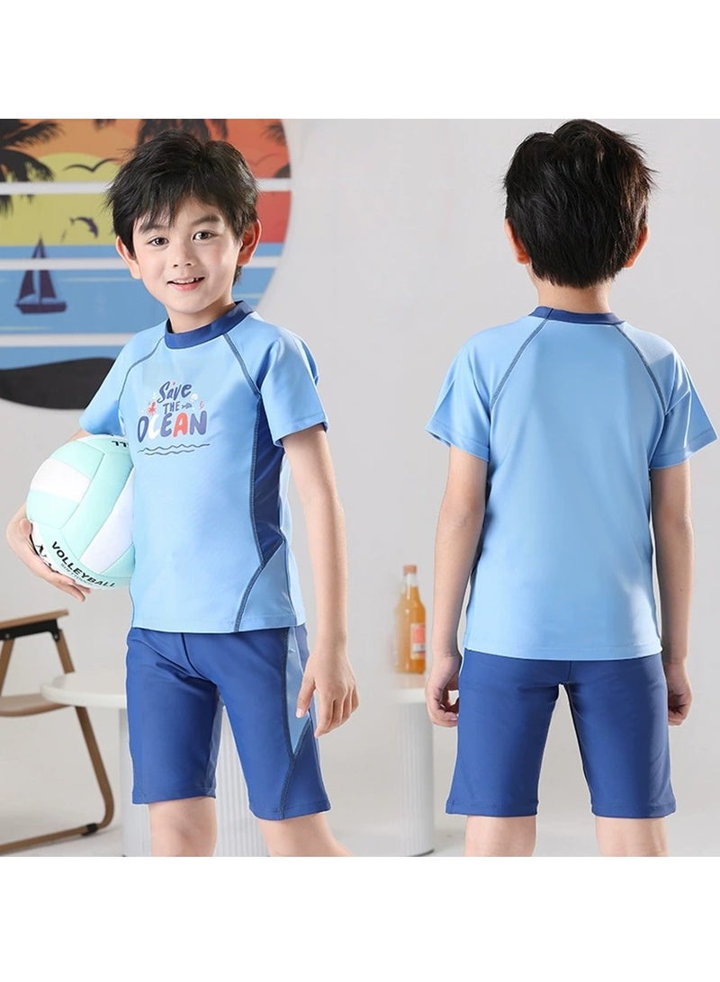 Loquat Boys Split Swimsuits Set Short Sleeve Swim Shirts ,Swim Trunks 2 Piece Swim Set Sky Blue - Image 4