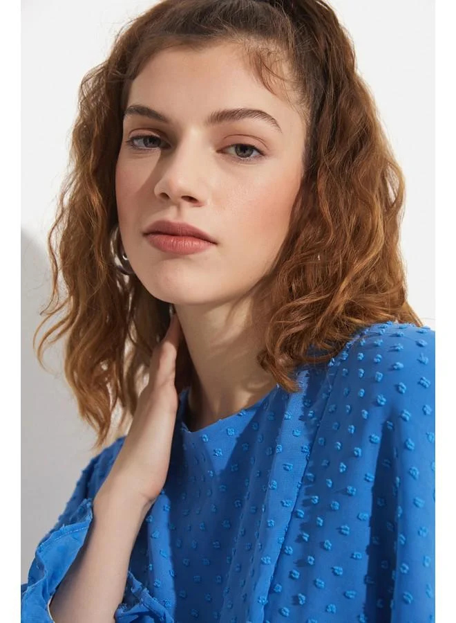 جون June Women Crew Neck Flock Printed Woven Blouse Blue