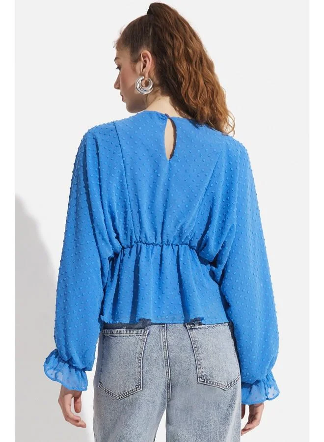جون June Women Crew Neck Flock Printed Woven Blouse Blue