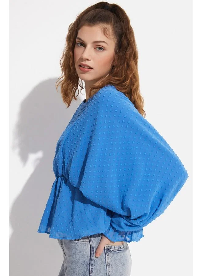 جون June Women Crew Neck Flock Printed Woven Blouse Blue