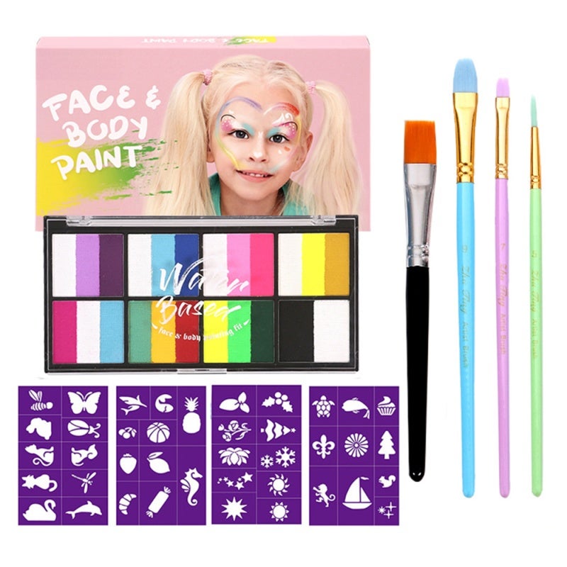 Watercolor Paint Palette Set 18 Colors Set Professional Face Split Cakes with 4 Brush& 4 Stencils Safe& Non Water Activated Face and Body Painting Makeup Facepaints for - Image 1