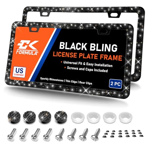 CK FORMULA Bling License Plate Frames for Women - 2 Pack, Sparkly Diamond Car Accessories with 1600 Rhinestones, Street-Legal, Rust-Free, Rattle-Proof, Slim Car Tag Holder Includes Glitter Crystal Caps (Black) - Image 1