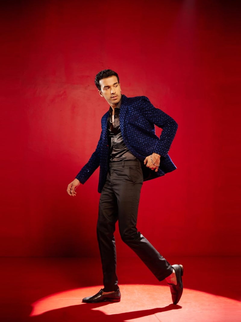 VASTRAMAY Men's Blue Velvet Blazer_VSHRMCT023BU_38 - Image 2