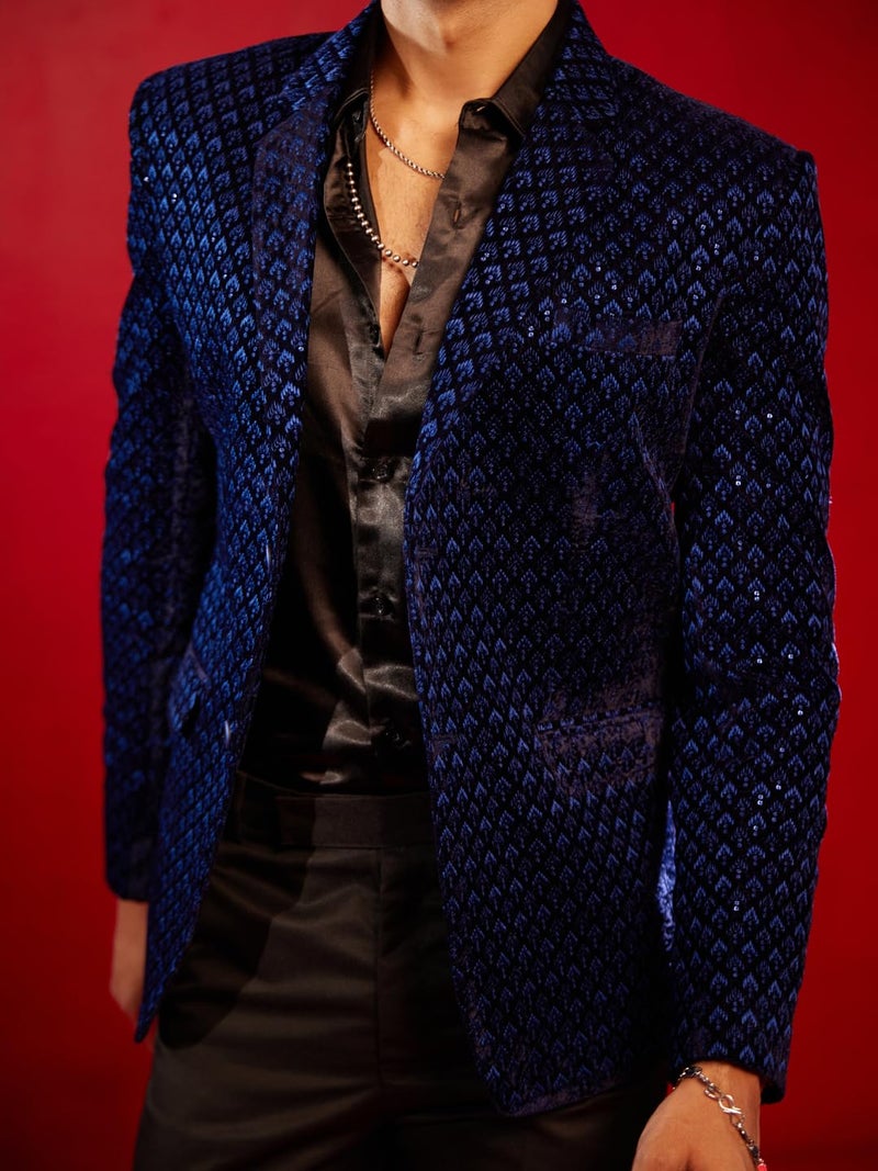 VASTRAMAY Men's Blue Velvet Blazer_VSHRMCT023BU_38 - Image 4