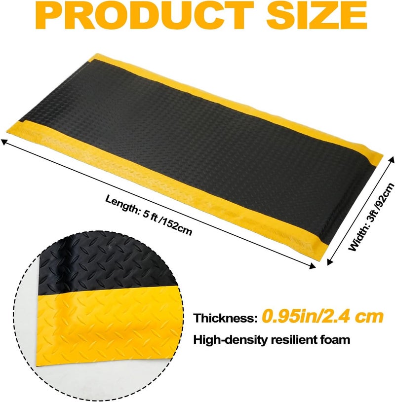 Maeklon 3 FT x 5 FT Anti Fatigue Mat, 15/16 Inch Thick Soft Sponge Ergonomic Mat, Non-Slip Industrial Grade Floor Mat, Easy to Clean, for Kitchen, Garage, Work, Shop, Black with Yellow Border - Image 2