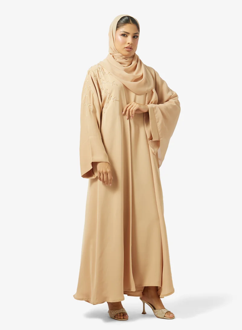 Floral Embellished Open Front Belt Abaya