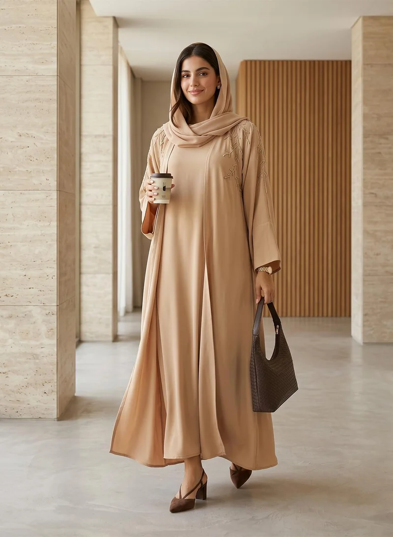 hayas closet Floral Embellished Open Front Belt Abaya