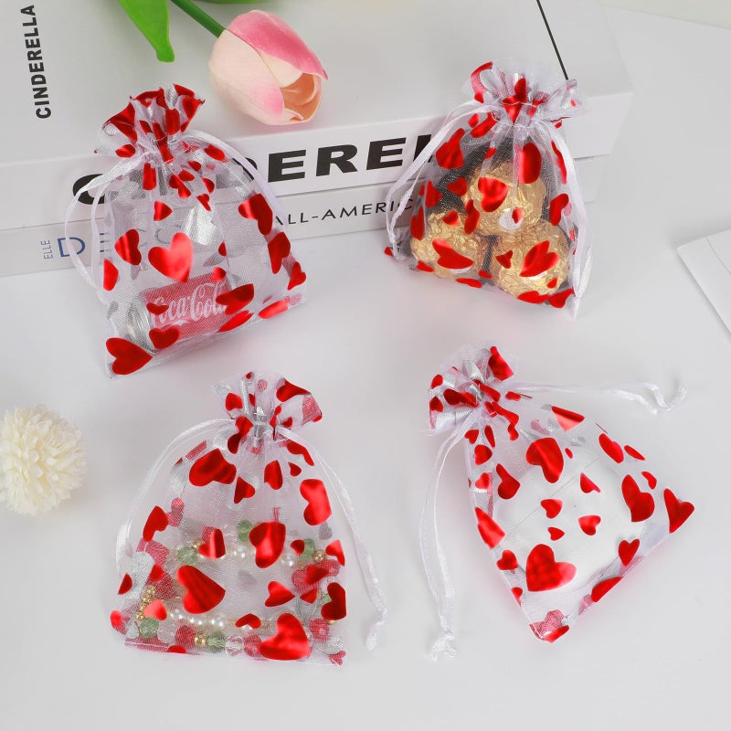 Tapleap Small Valentines Gift Bags for Kids Classroom, Heart Print Organza Drawstring Bags for Packaging Candy or Goodie, For Wedding, Birthday, Bridal Showers, 50Pcs 3Â½x4Â¾in(9x12cm) - Image 3