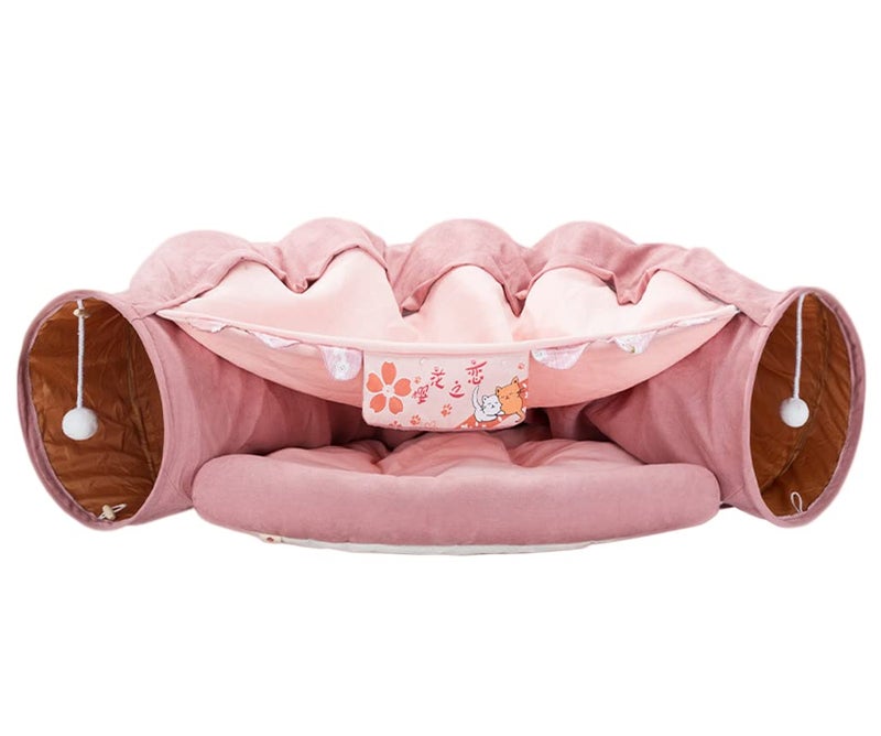 Loticy 2 in 1 Cat Tunnel Bed Tube with Cushion and Plush Ball Toy Playground Crinkle Collapsible for Large Cats Kittens Kitty Puppy Small Dog Foldable Soft Pet Play Bed Indoor Outdoor Pink Cat Tunnel Bed - Image 2