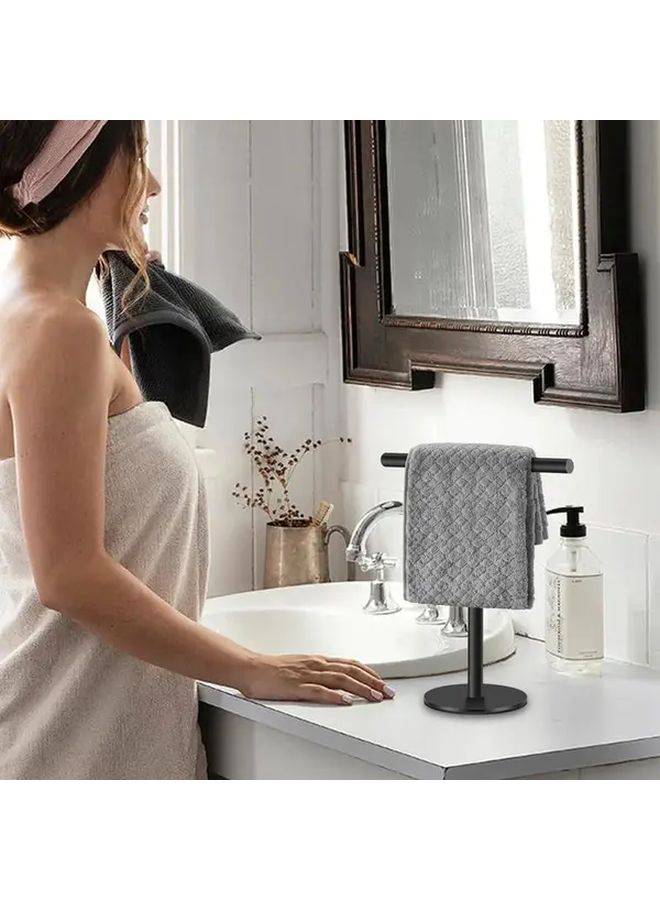 Stainless Steel T Shaped Countertop Hand Towel Holder Freestanding Modern Bathroom Kitchen Towel Rack Black - Image 1